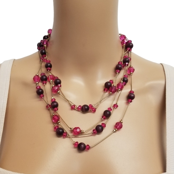 VINTAGE LAYERED GOLD NECKLACE WITH PINK FACETED & PURPLE CAT'S EYE GLASS BEADS - Picture 1 of 5